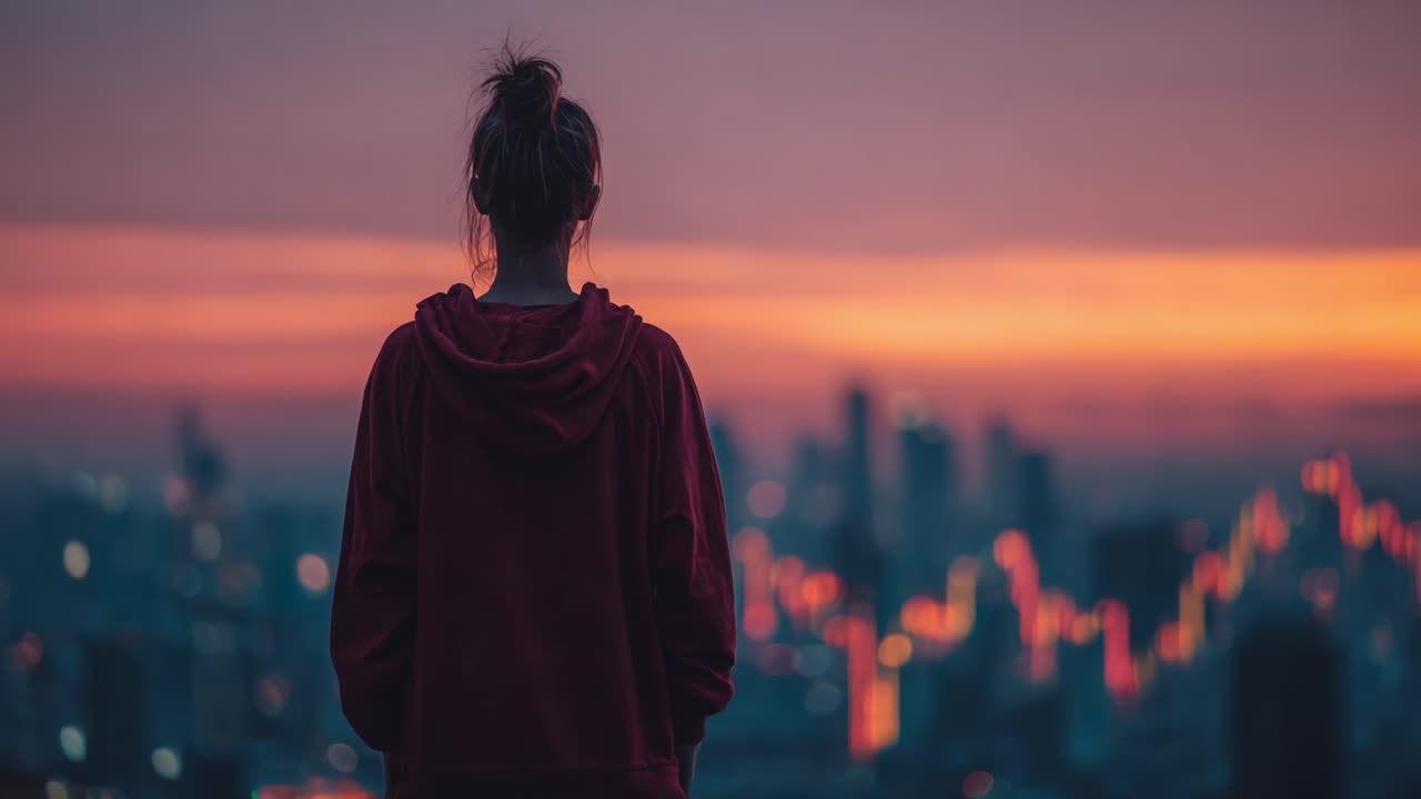Solitudine contemplativa: una donna osserva un vivace skyline cittadino al crepuscolo, catturando l'essenza della riflessione tra l'energia urbana e le luci colorate
