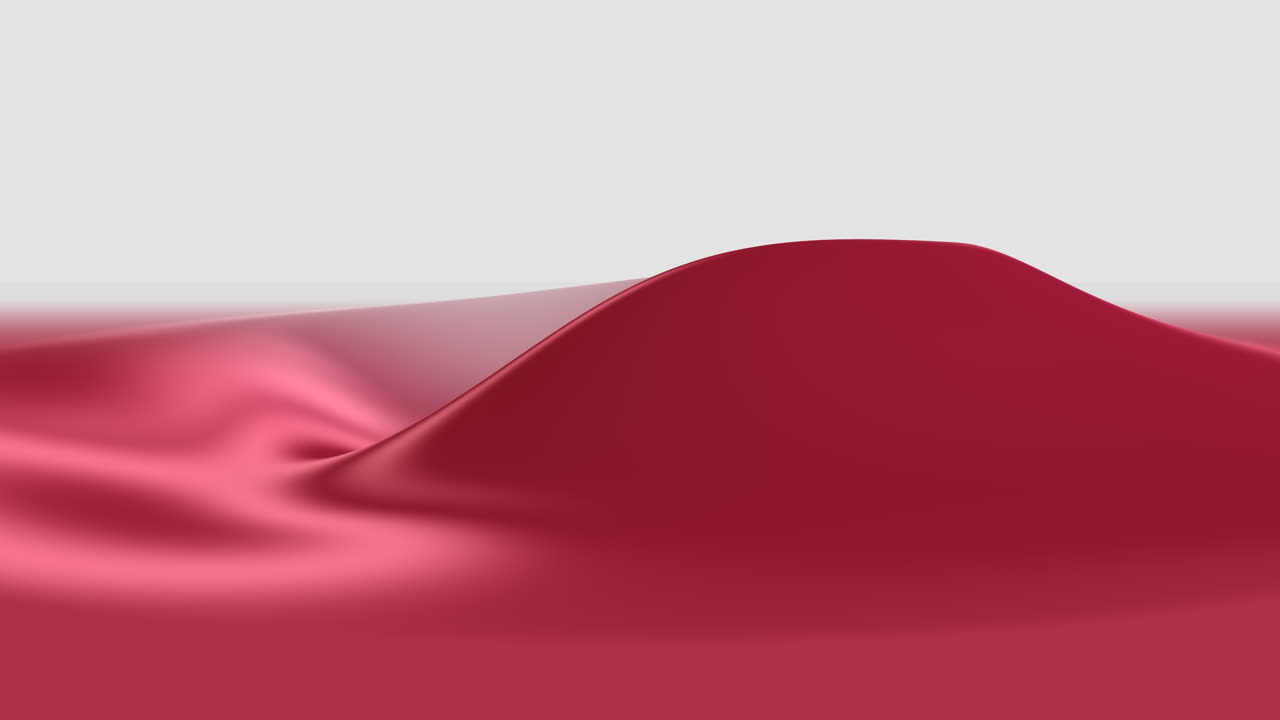 A 3D-rendered red fabric cascades down a hill, crafted from a smooth, shiny material that subtly reflects light. The scene is simplistic, with the fabric being the central focus
