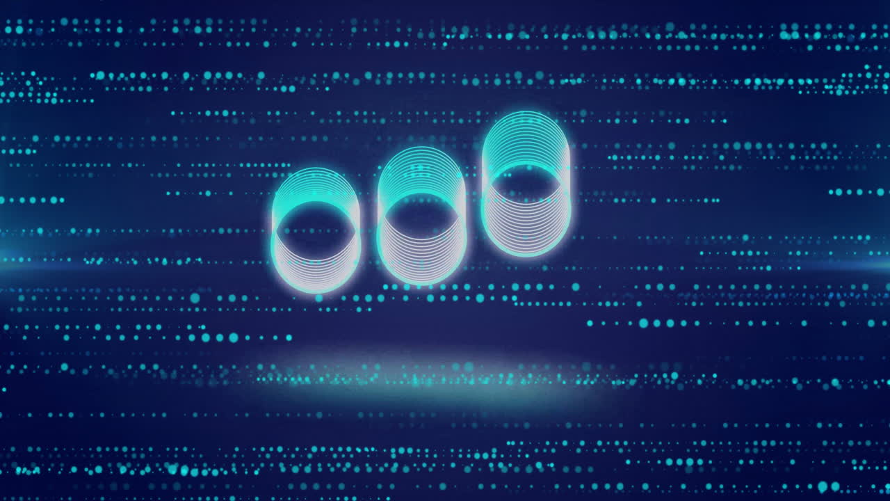 Three glowing rings with digital particles and data processing animation