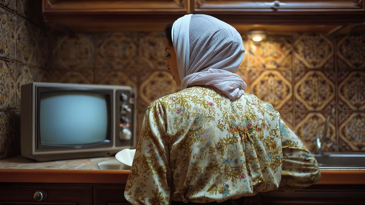 Kvinde ser gammelt fjernsyn i et varmt, mønstret køkken. Med ryggen til kameraet sidder hun stille. Blødt lys skinner omkring hende fra loftslamper. Vintage-skærmen flimrer med statisk, og viser falmede billeder.
