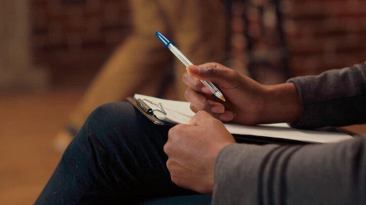 Psychotherapist taking notes on papers and listening to man