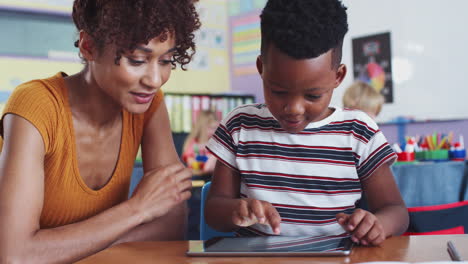 elementary school teacher and male pupil drawing using digital tablet in classroom