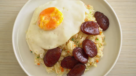 arroz frito con huevo frito y salchicha china - comida casera al estilo asiático