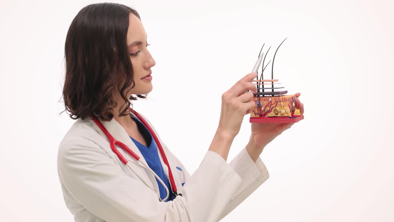 Dermatologist examining a human skin and hair follicle model