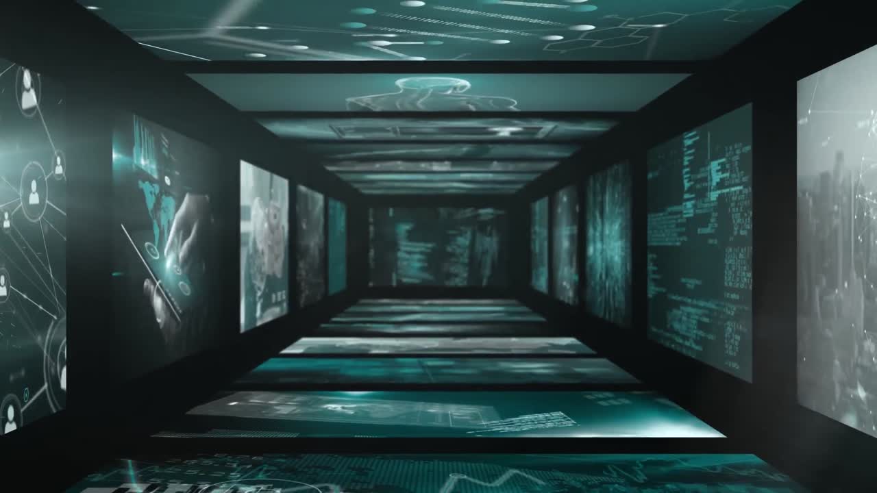 디지털 데이터 처리 및 세계 지도와 함께 네트워크 연결을 가진 화면의 애니메이션