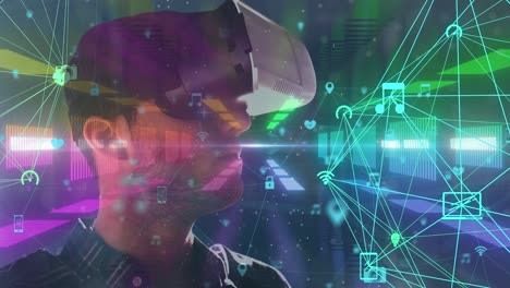 animación de un hombre con auriculares vr en un fondo de neón vibrante