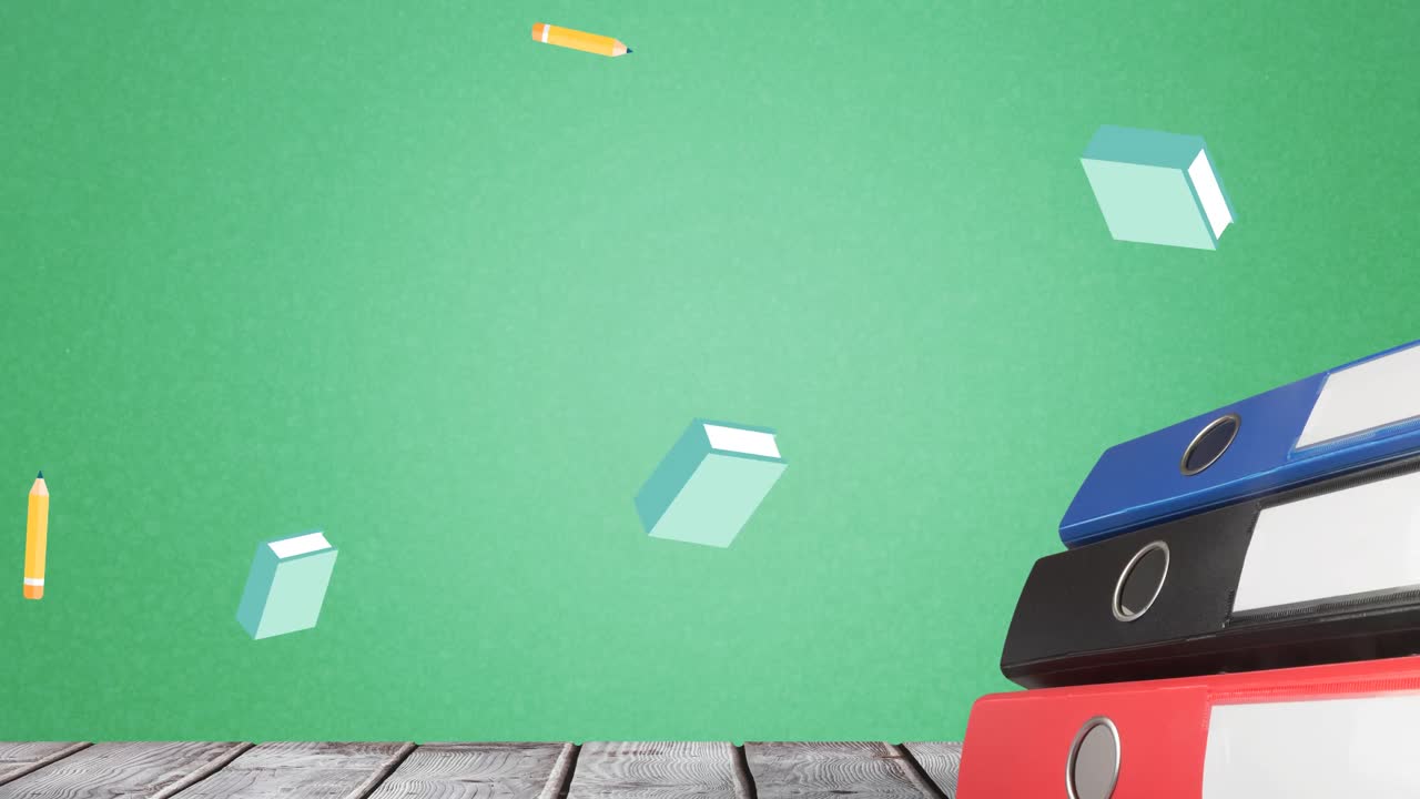 Animation of office files and books over wooden surface on green background