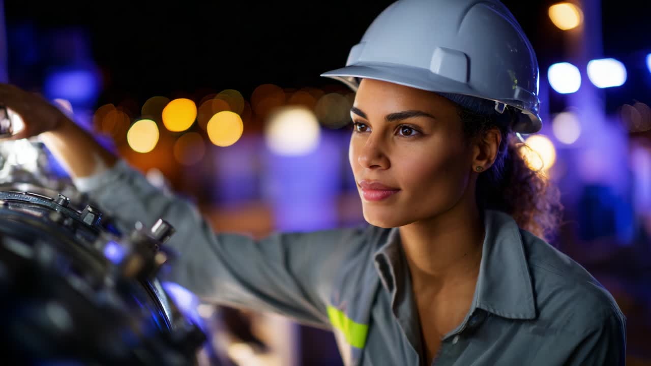 Focused Technician Monitoring Complex Machinery at Night, Showcasing Precision in Engineering with Modern Tools and Equipment Under Soft Ambient Lighting for Enhanced Professionalism