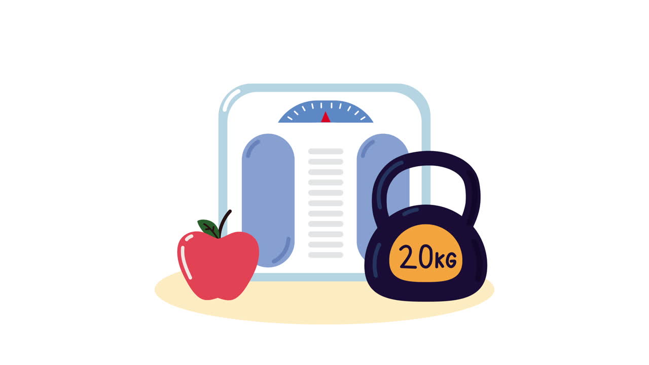 scale balance with dumbbell and apple