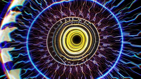 six variations of a cybernetic eye pulsating with colorful vibrant energy, radiating outwards in concentric circles, creating a mesmerizing visual effect