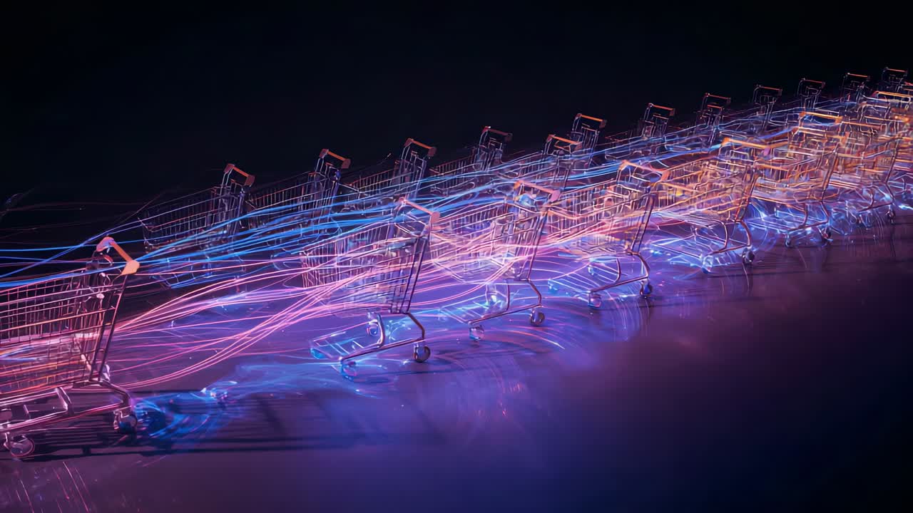 Rolling row of metal shopping carts responding to LED cue along studio floor, creating neon streaks