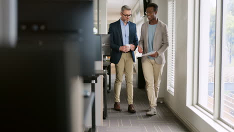 businessman, team talking and walking in office