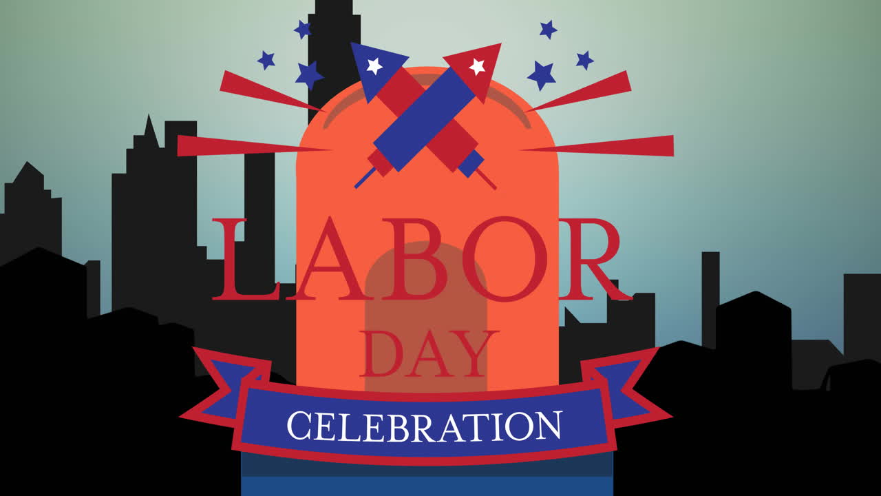 행복한 노동 텍스트와 불꽃놀이 도시 풍경의 실루 ⁇ 에 반 ⁇ 이는 사이렌