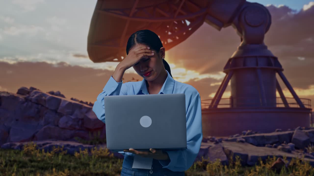 Asian Female Professional Worker Standing With Her Laptop With Large Satellite Dish, She Is Nodding Her Shead With Dissapionted