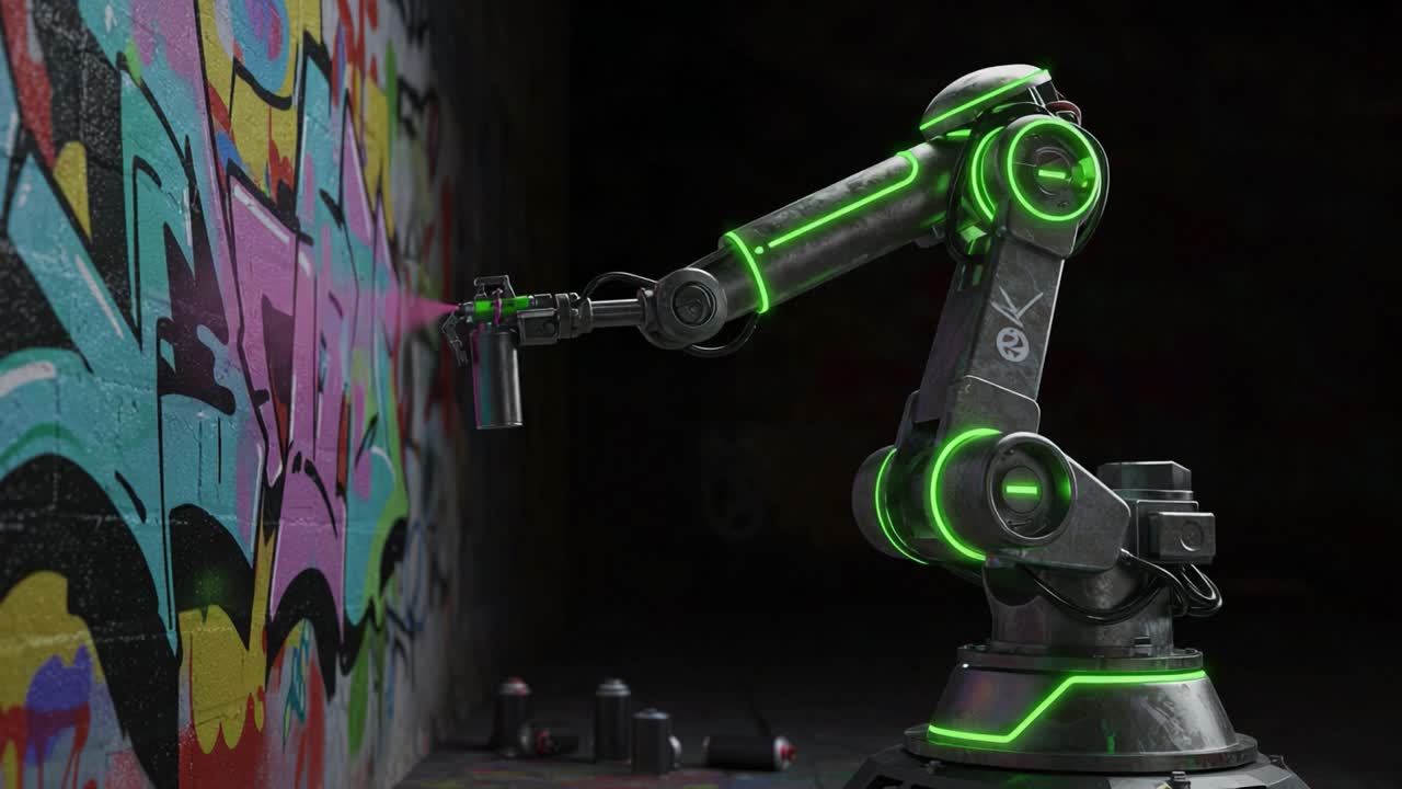 A Futuristic Robotic Arm Creating Vibrant Graffiti Art on a Wall with Neon Green Accents and a Can of Spray Paint in a Creative Urban Space
