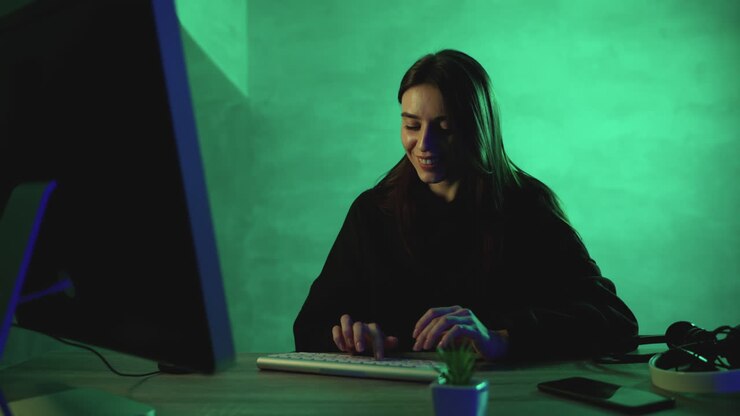 Donna felice che lavora con un computer su uno sfondo colorato.