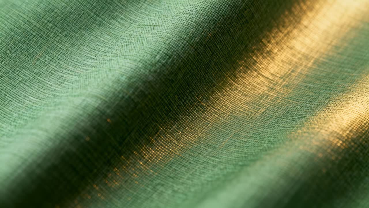 Shifting light revealing green woven textile with angled golden band in studio, showing texture