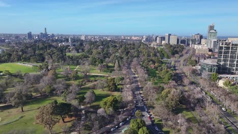 aerial over the alexandra gardens and down st kilda road towards the war memorial