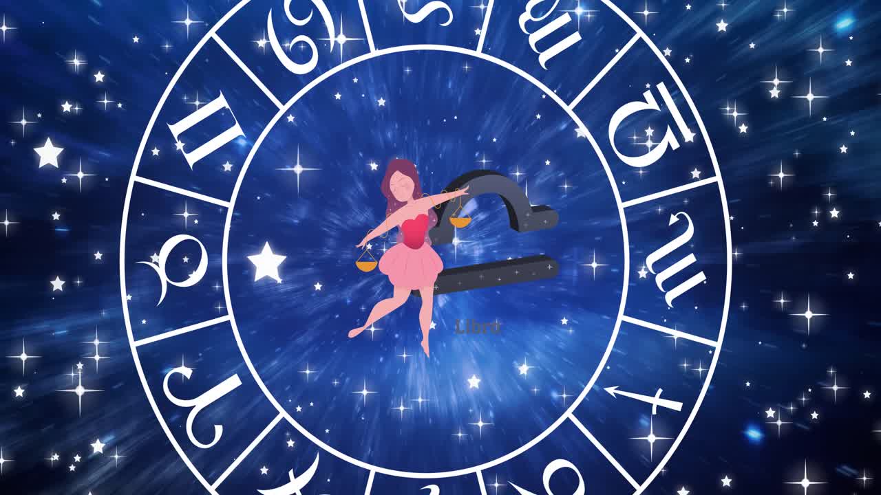 animación del signo estelar de libra dentro de la rueda giratoria de los signos del zodiaco sobre las estrellas en el cielo azul