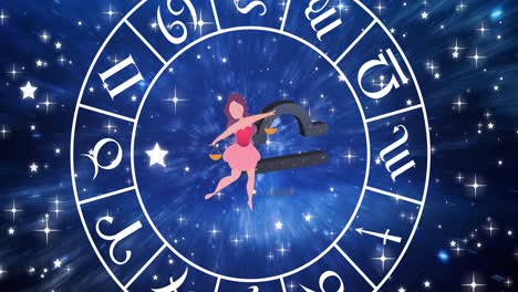 Animation-of-libra-star-sign-inside-spinning-wheel-of-zodiac-signs-over-stars-on-blue-sky