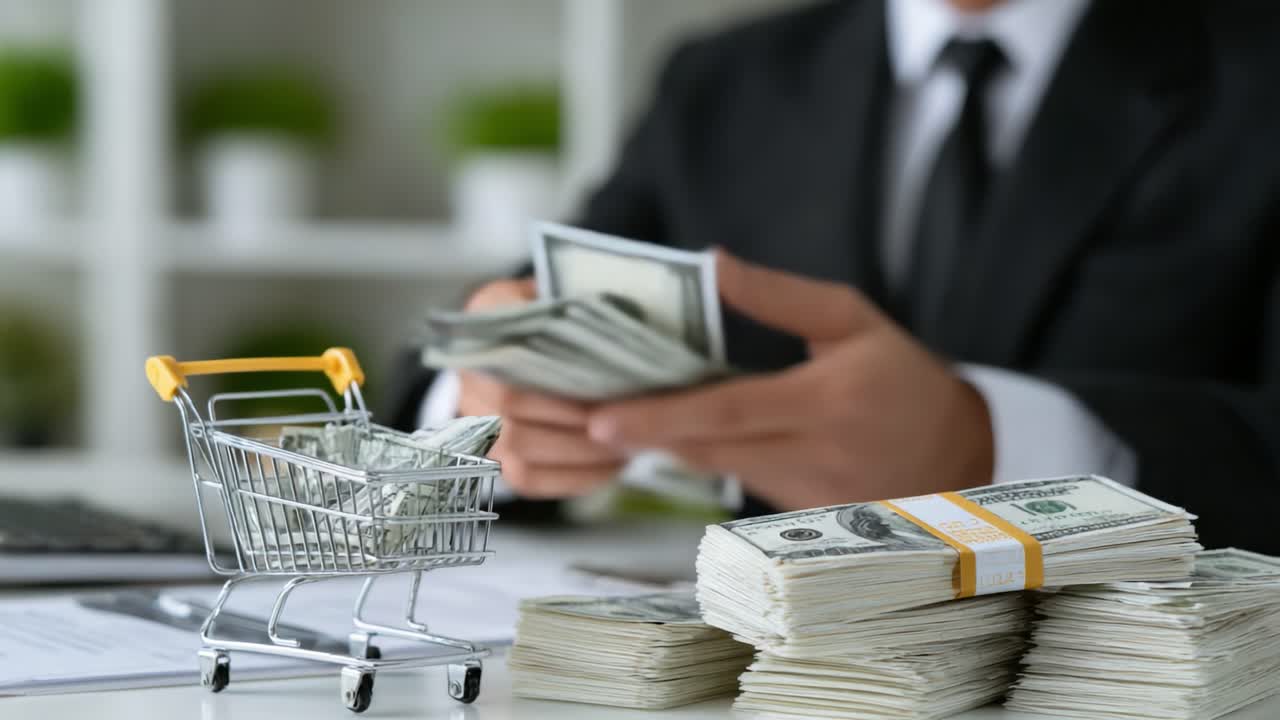 A Businessman Counting Cash and Using a Miniature Shopping Cart Filled with Money, Representing Wealth Management and Financial Transactions
