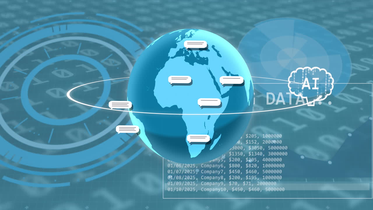 전 세계에 대한 텍스트와 아이콘의 애니메이션 및 데이터 처리