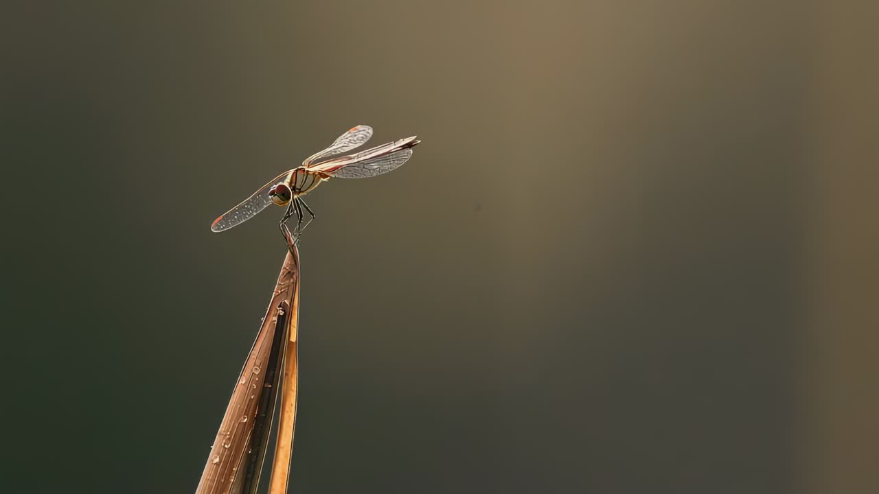 Libellula che reagisce a uno spostamento dell'equilibrio, aggiusta le zampe per stabilizzarsi su una foglia di pianta secca, rugiada, spazio per il testo.