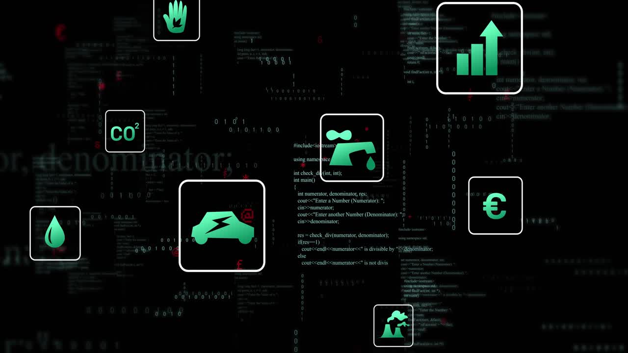 Code panels scrolling, pushing green EV and CO2 icons in rounded frames drifting, showing metrics