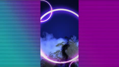 Animation-of-shapes-moving-over-palm-tree-and-smoke