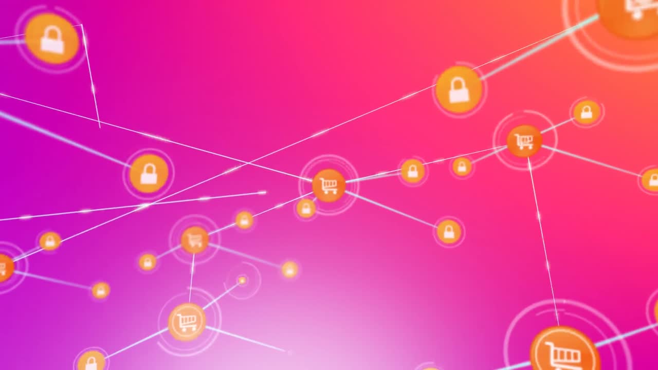 animación de iconos de compras digitales en línea sobre fondo rosa