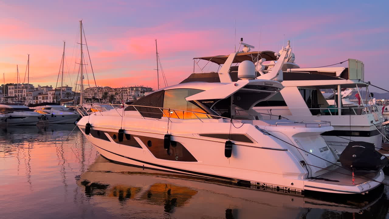 Amazing pink orange sunset in port of Puerto de la Duquesa with luxury yachts and boats in Manilva, famous holiday destination in Spain, luxury lifestyle, pink sky and clouds, nice sea view, 4K shot