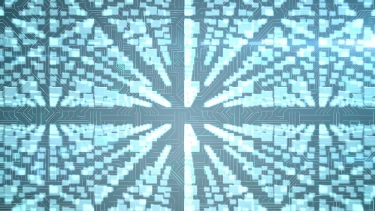 Animation of network of envelope icons and online security padlock over computer circuit board