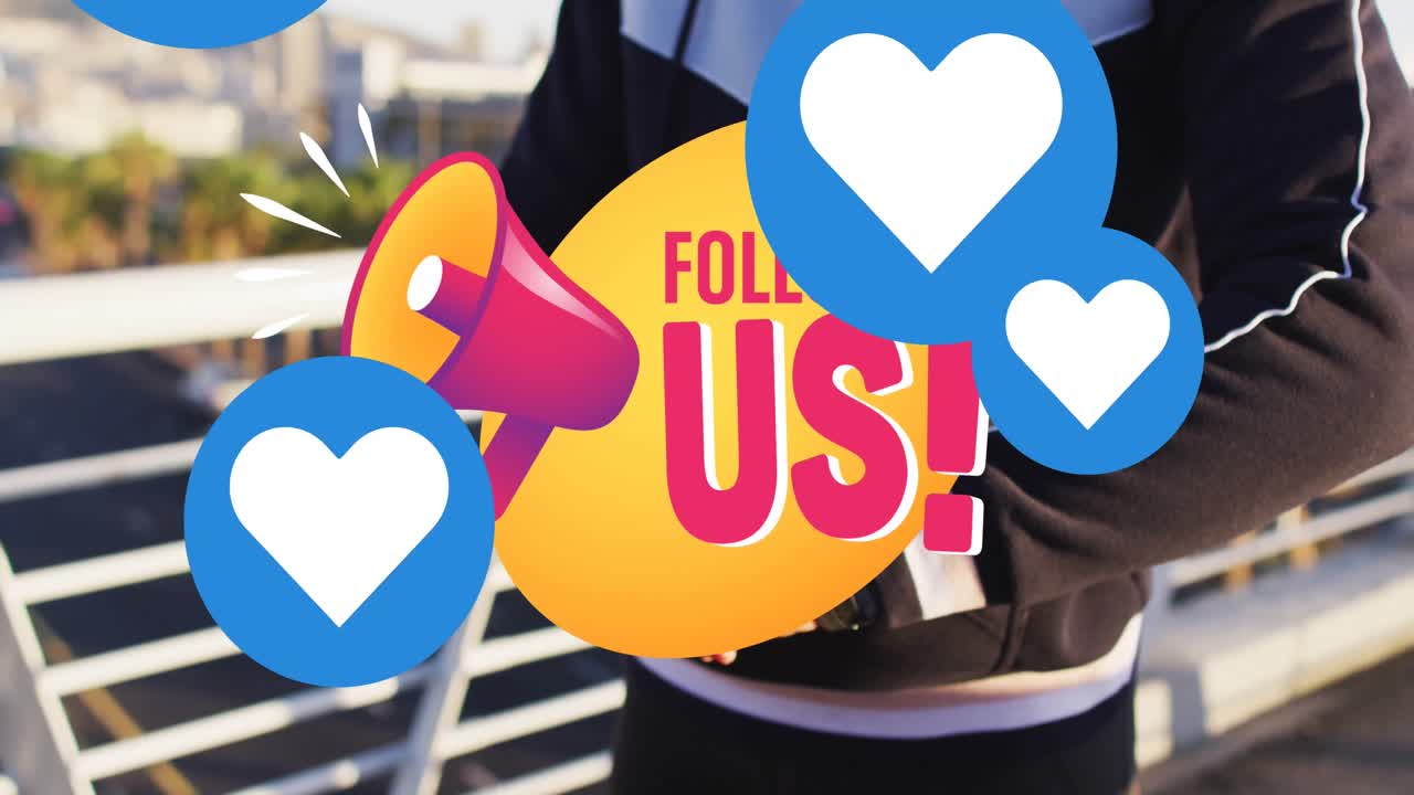 animación de iconos de los medios sobre el hombre afroamericano usando un reloj inteligente.