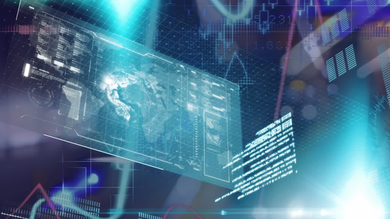 Animation of statistics and data processing on screen over out of focus lights