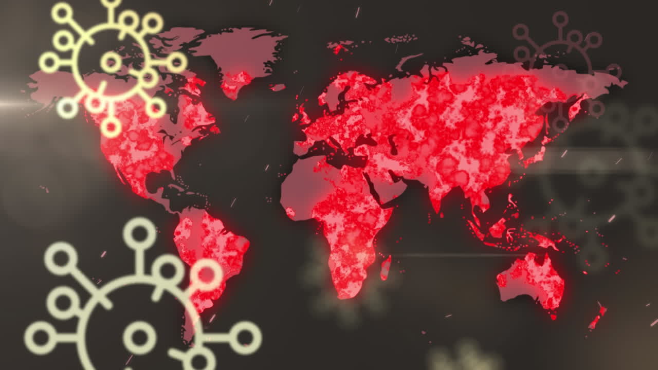 어두운 배경에 있는 세계 지도 위의 코로나 19 세포의 애니메이션