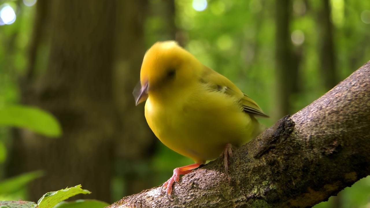 Parula gialla appollaiata su un ramo muschioso, primo piano, sfondo forestale con luce solare soffusa che filtra tra le foglie.