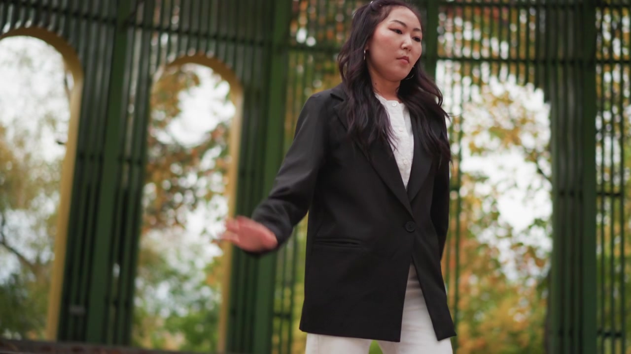 Primo piano di donna che esegue movimenti di danza in un parco all'aperto, indossando un abito formale. Il soggetto si muove con grazia attraverso vari passi e gesti contro uno sfondo di metallo verde.