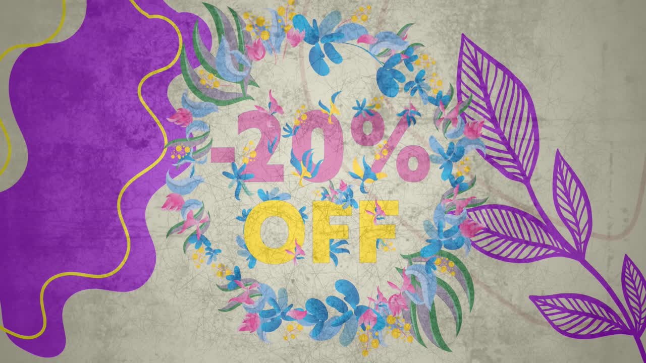 Animazione digitale di un banner testuale "Saldi del 20%" e design floreale su uno sfondo grigio grunge.