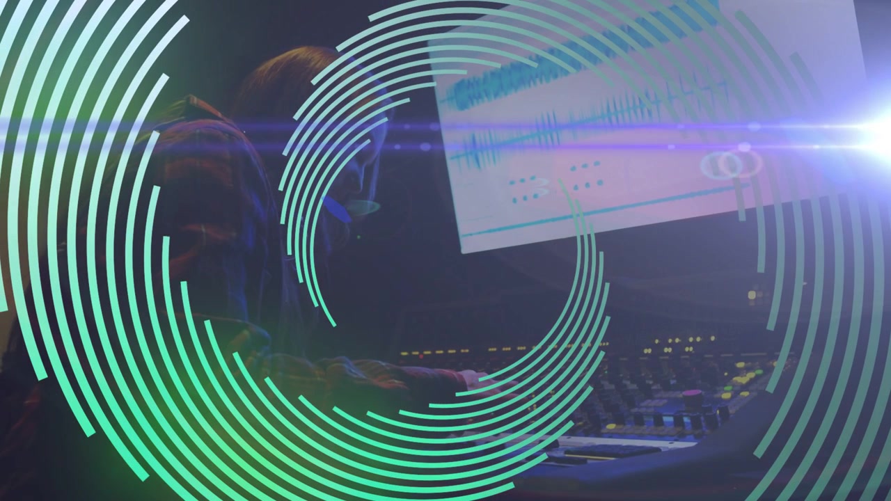 Woman adjusting mixing faders after green ring overlay pulses, monitoring waveform to balance audio