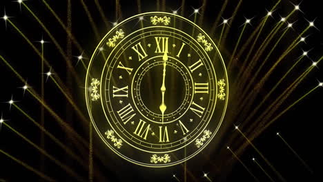 animation of clock showing midnight and fireworks exploding on black background