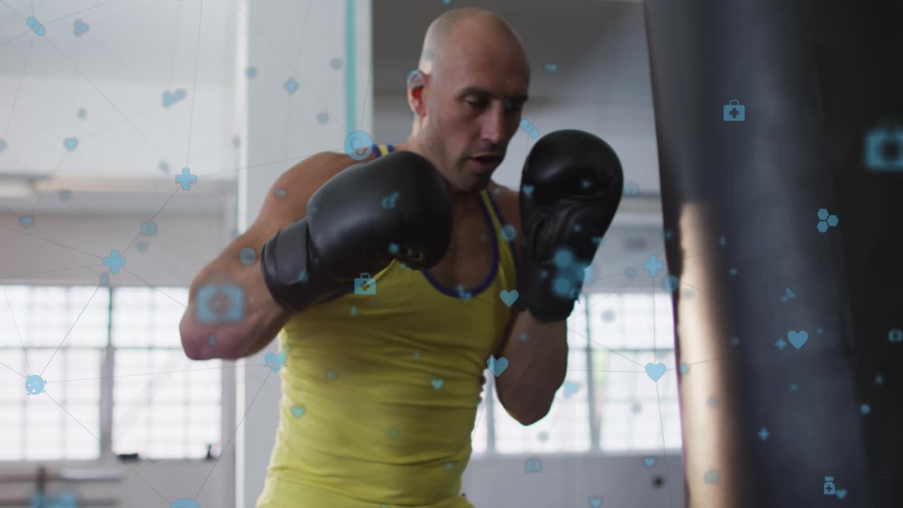 Man starting guard throwing jabs rotating hitting bag training boxing with blue icons moving around