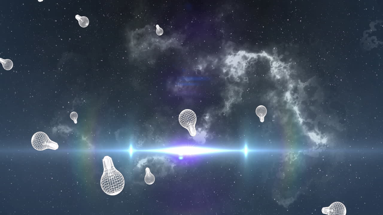 검은색 배경에 빛의 흔적과 별 위에 전구 아이콘의 애니메이션