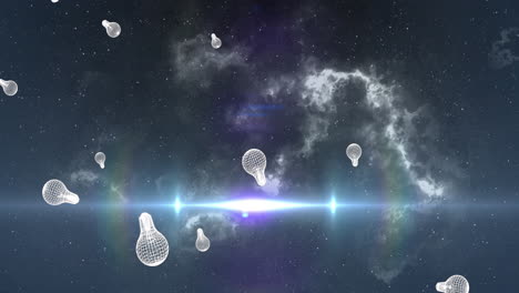 animación de iconos de bombillas sobre senderos de luz y estrellas en fondo negro