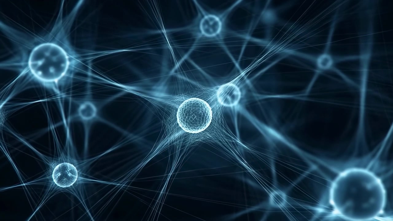 Central textured orb stays prominent while surrounding blue spheres and threadlike connections shift gently, creating a luminous mesh with overlapping strands against deep navy background.