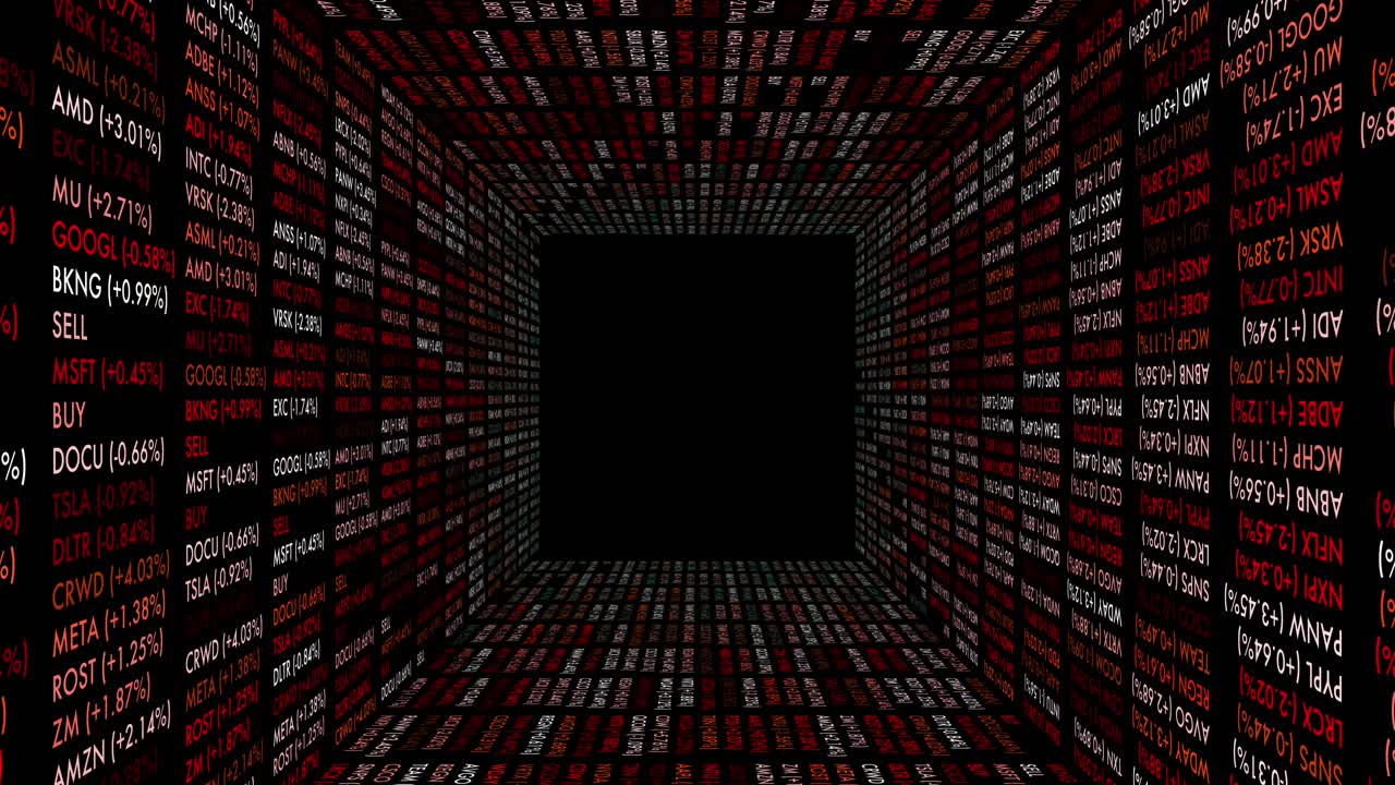 Ticker symbols flying through a glowing tunnel of stock data