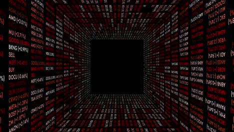 ticker symbols flying through a glowing tunnel of stock data