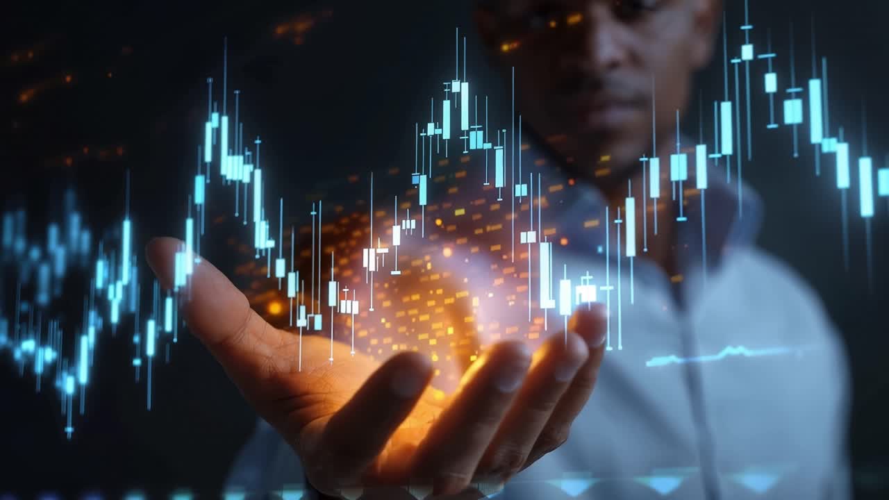 Una visualizzazione digitale di dati rappresentata in una mano umana, che mostra onde luminose vibranti e grafici astratti che indicano tendenze nella tecnologia e nell'analisi dei dati.