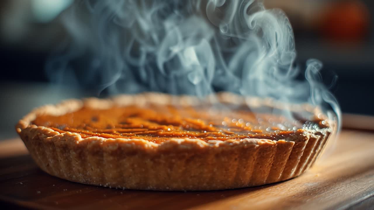 A Golden Brown Pumpkin Pie Fresh from the Oven, Emitting Delicious Steam, Showcasing Its Flaky Crust and Rich Filling, Perfect for Autumn Celebrations and Gatherings
