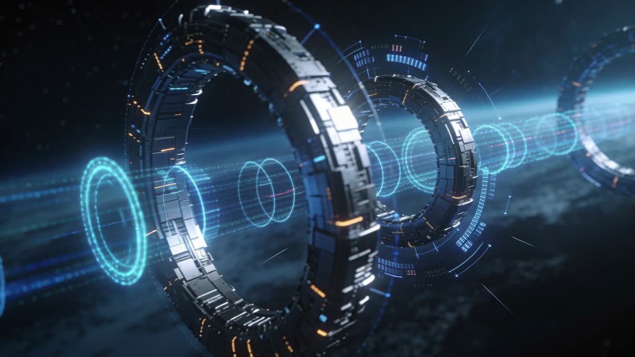 Raggio blu pulsante lungo gli anelli, che forma dischi olografici per visualizzazioni di dati tecnologici mentre la telecamera scorre.