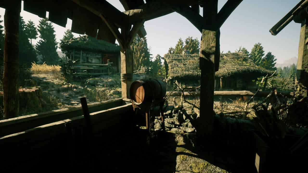Rustic view from a shed overlooking traditional thatched cottages and nature